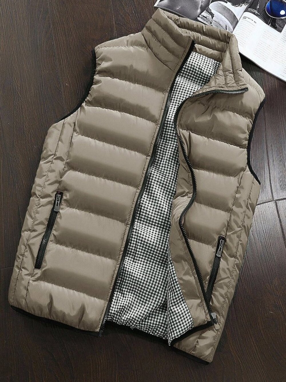 Khaki Regular Fit Men's Letter Drawstring Zipper Lined Sleeveless Vest